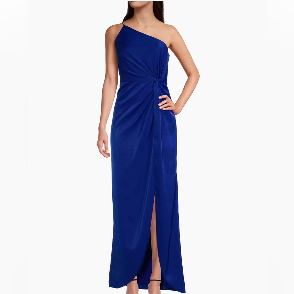 Liv Foster One Shoulder Charmeuse Side Slit Evening Gown Royal Blue Size 10 NWT